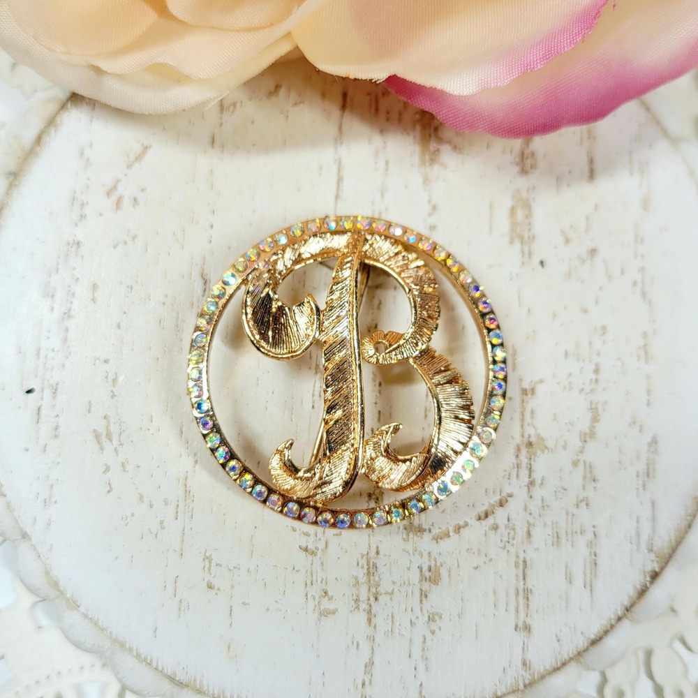 90s Rose Gold Tone Initial B Brooch with Aurora Borealis Rhinestones